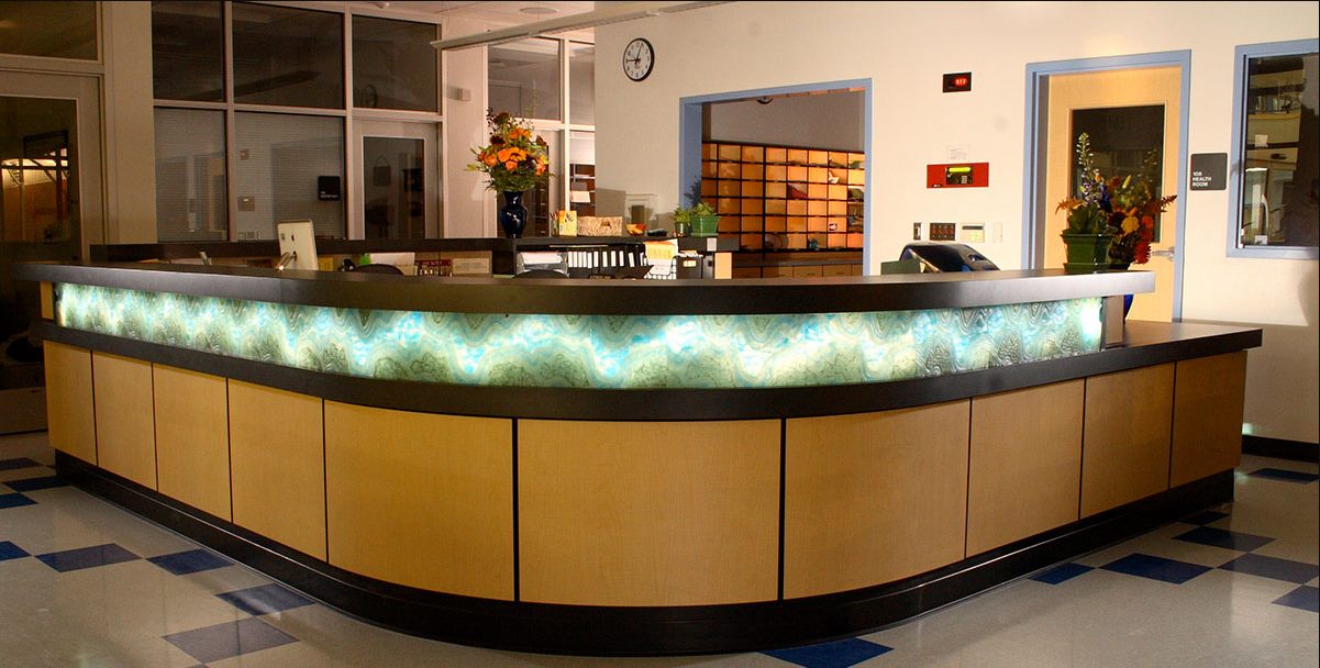 Reception Desk Installation — cast-glass relief, set in desk by Patti Wessman, photo 1 of 4